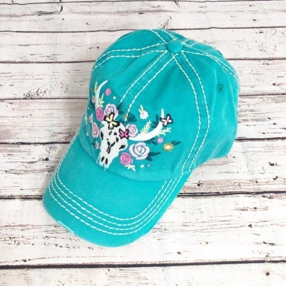 FLORAL STEER SKULL Embroidered, Vintage Style‎ Cap - Picture 5 of 8